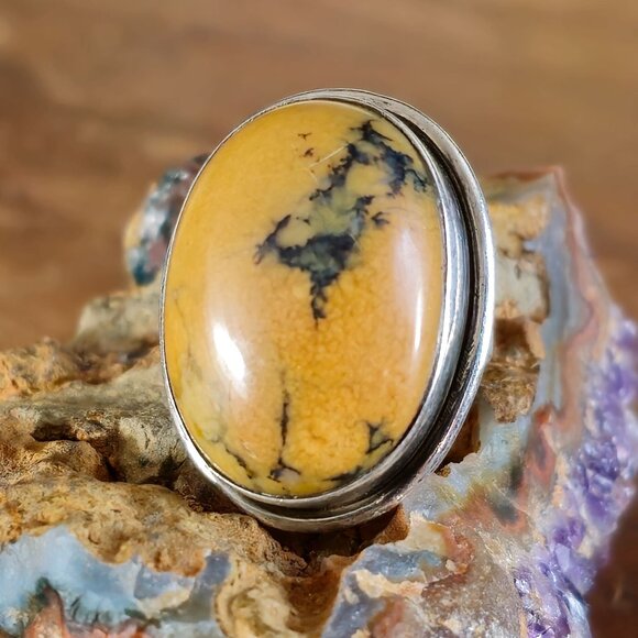 VTG Sterling Silver Feathered Jasper Cabochon Ring Size 7 Bezel Setting Statemen - Picture 2 of 8